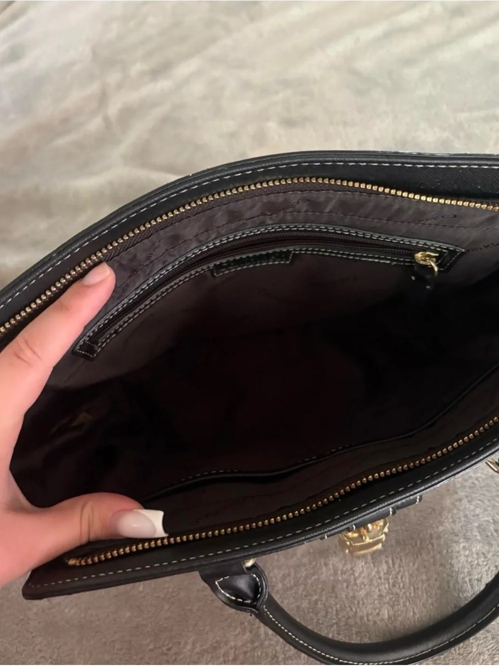 Calvin Klein Black & Cream Chevron Tote with Gold Accent